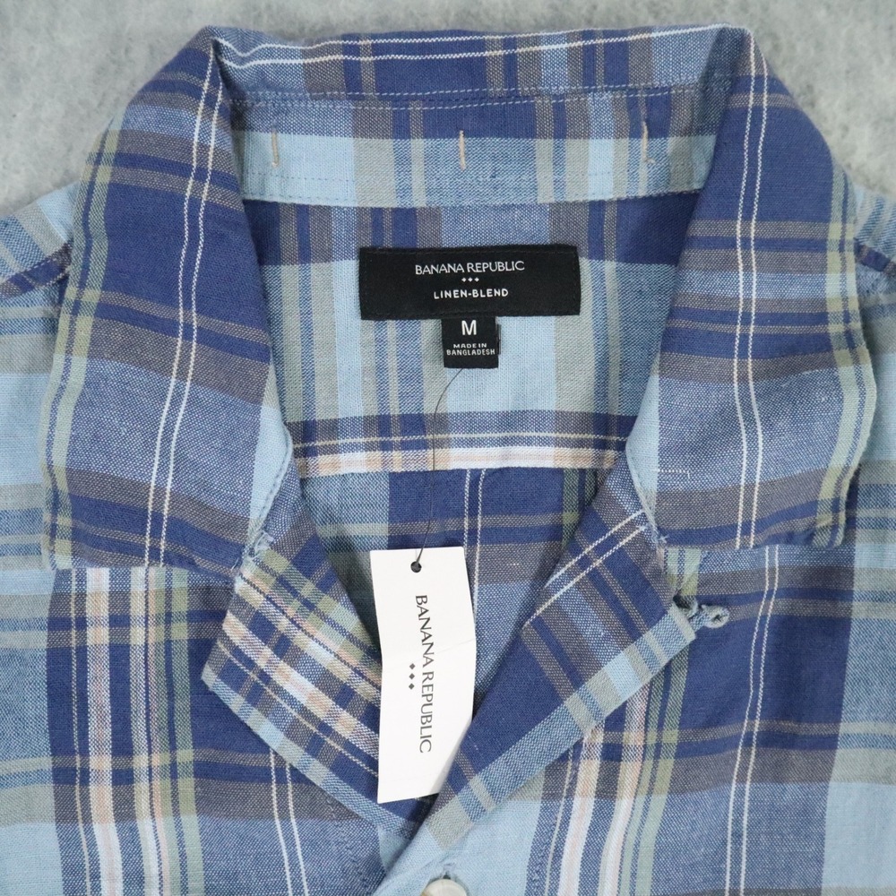 Banana Republic Linen-Blend Shirt‎ Mens M Blue Plaid Modern Summer Casual Beach - Picture 3 of 7